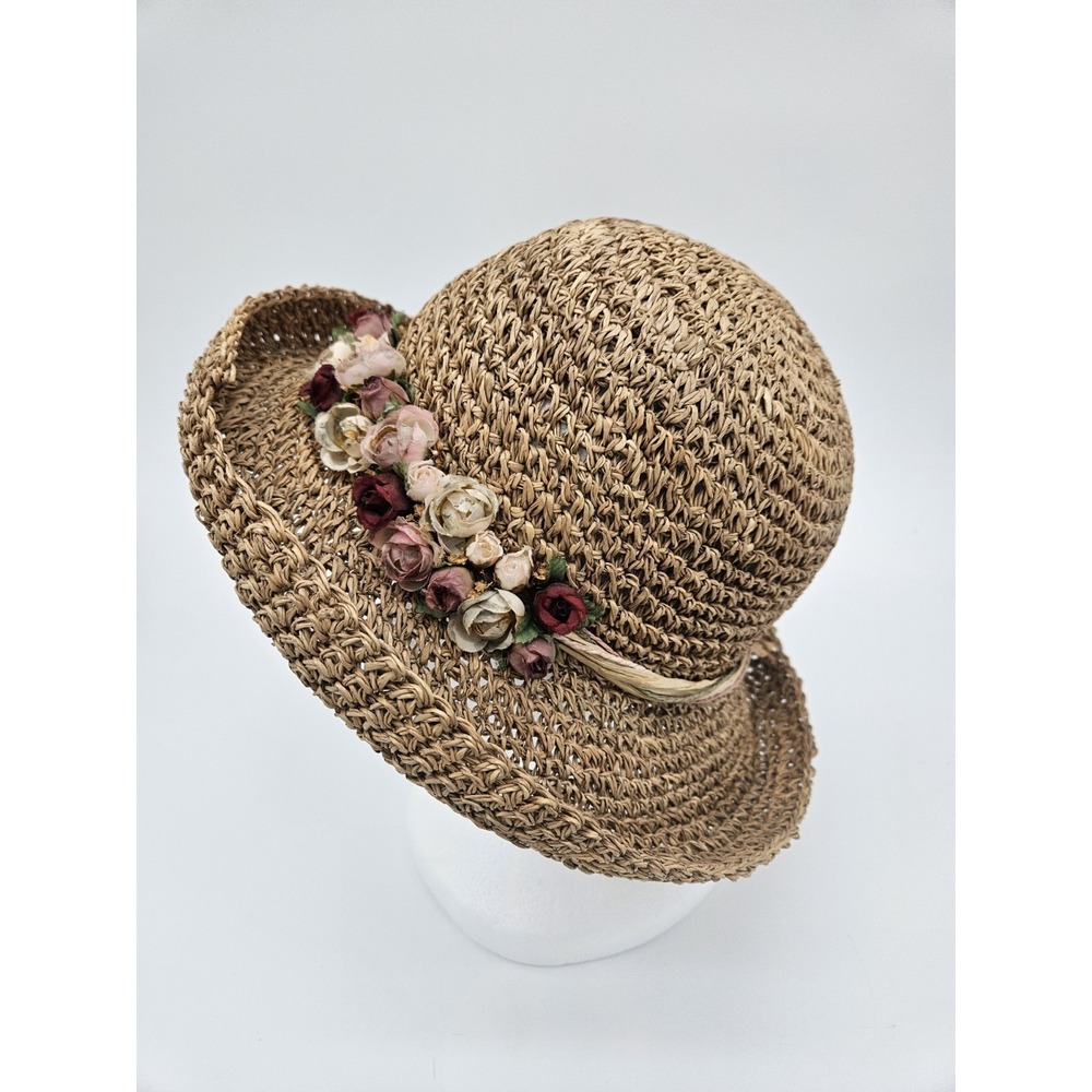 Vtg 1990's Cappelli Straw World Hat Woven Design Beachwear With Flowers  22"...